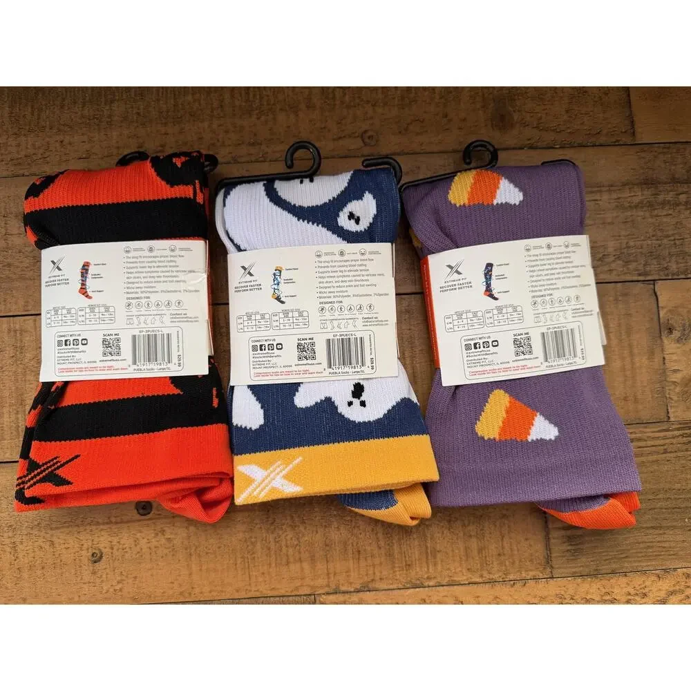 Extreme Fit Compression Socks L/XL Halloween 3 Pairs Pumpkin Ghost Candy Corn